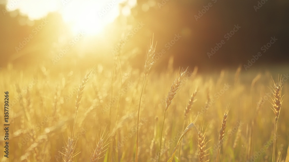 Fototapeta premium A serene golden field with swaying grass illuminated by sunlight, creating a peaceful and tranquil atmosphere.