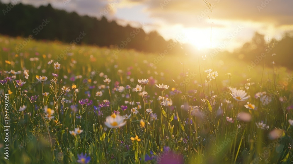 Fototapeta premium A sunlit meadow filled with colorful wildflowers, creating a serene and vibrant natural landscape.