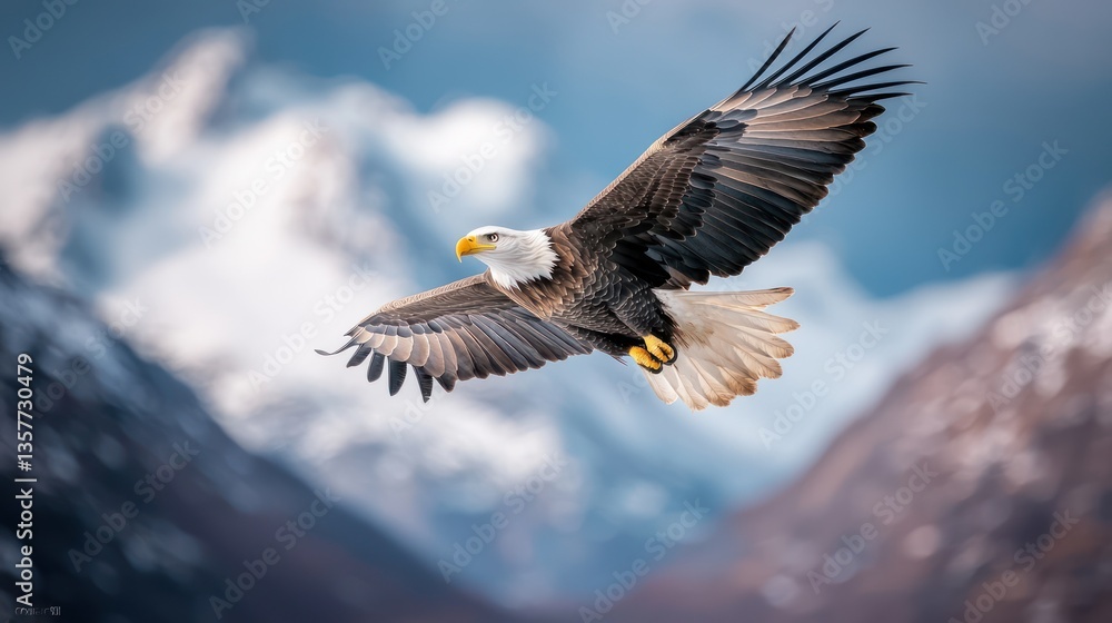 Naklejka premium Majestic eagle soaring above snowy peaks