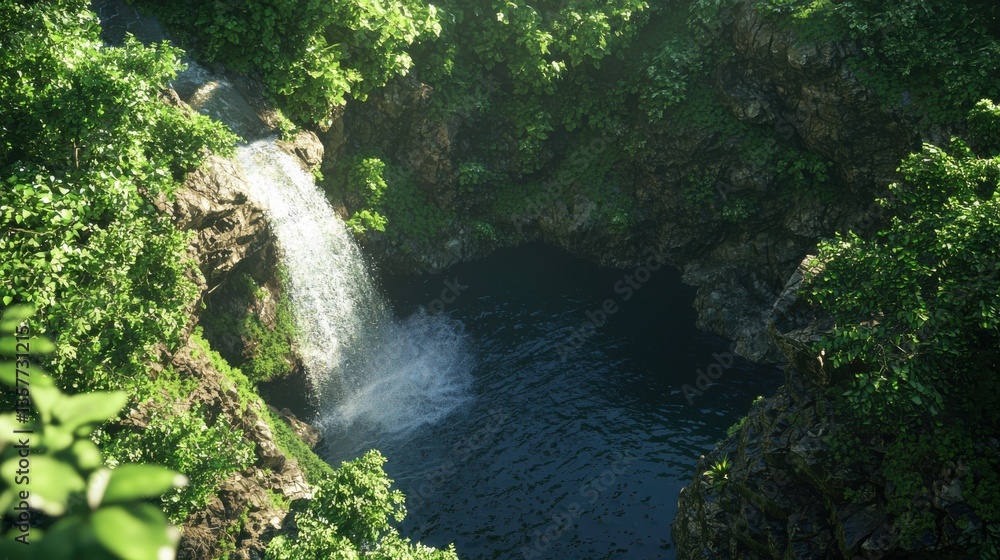 A serene waterfall cascading into a tranquil pool, surrounded by lush greenery and rocky cliffs, creating a picturesque natural setting. A serene waterfall cascading into a tranquil pool, surrounded by lush greenery and rocky cliffs, creating a picturesque natural setting.