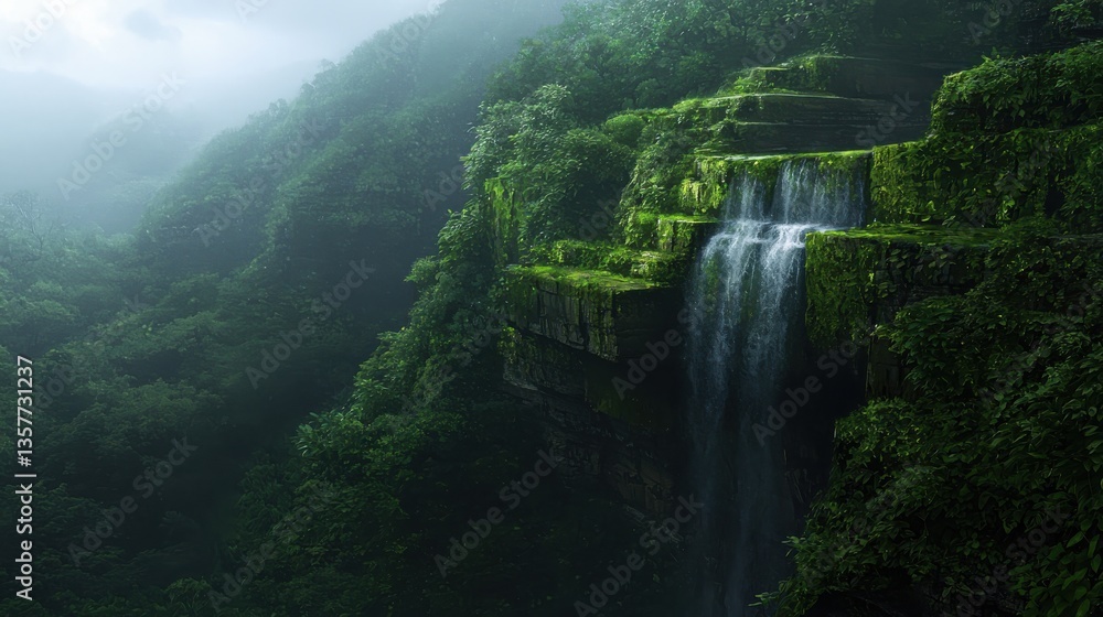 A stunning waterfall cascades down lush, green cliffs, surrounded by dense forest and misty mountains, creating a serene natural landscape. A stunning waterfall cascades down lush, green cliffs, surrounded by dense forest and misty mountains, creating a serene natural landscape.