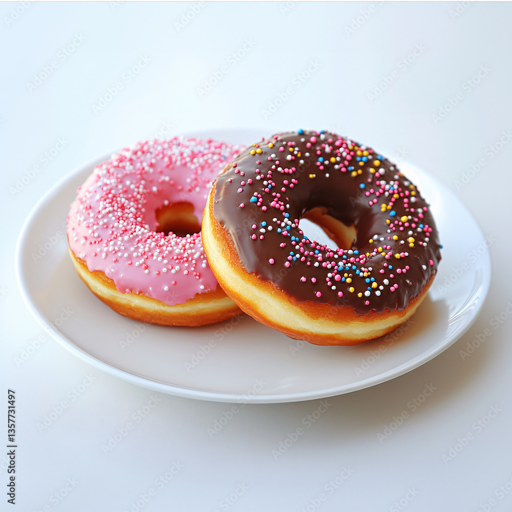 delicious donuts with pink and chocolate glaze and sprinkles. pair of delicious donuts on a white plate. tasty dessert. pastries. rich and bright colors. white background delicious donuts with pink and chocolate glaze and sprinkles. pair of delicious donuts on a white plate. tasty dessert. pastries. rich and bright colors. white background