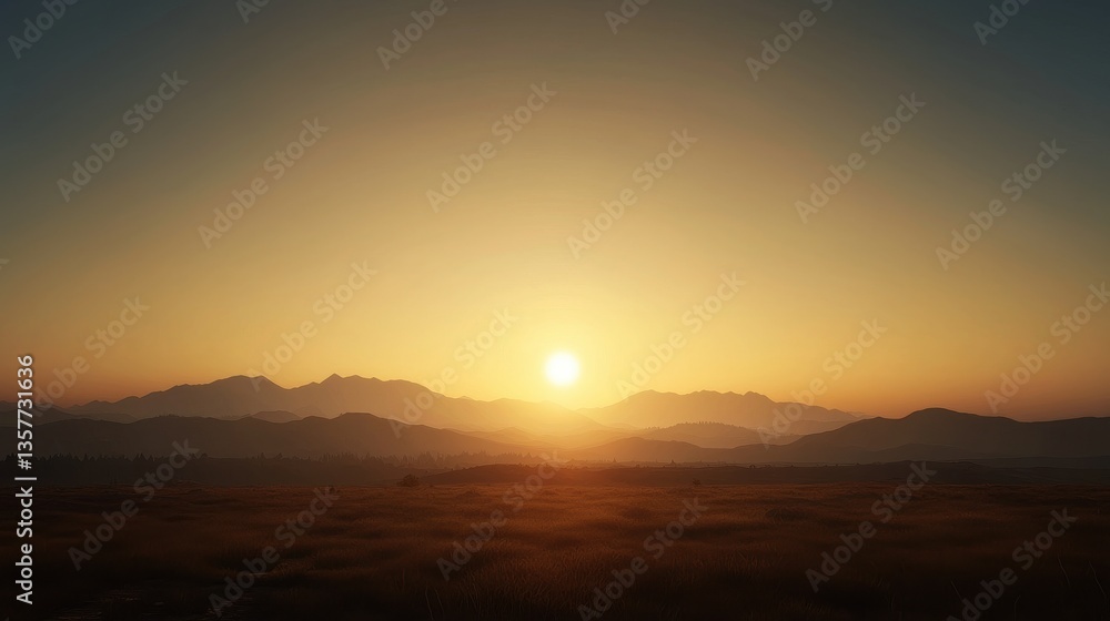 Obraz premium A tranquil sunset over a mountain range, illuminating the landscape with warm hues, creating a serene atmosphere.