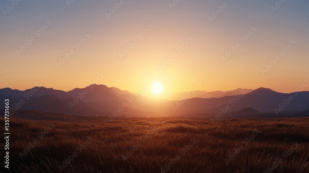 Obraz premium A serene sunrise over rolling mountains, casting warm light on grassy plains, creating a peaceful and picturesque landscape.