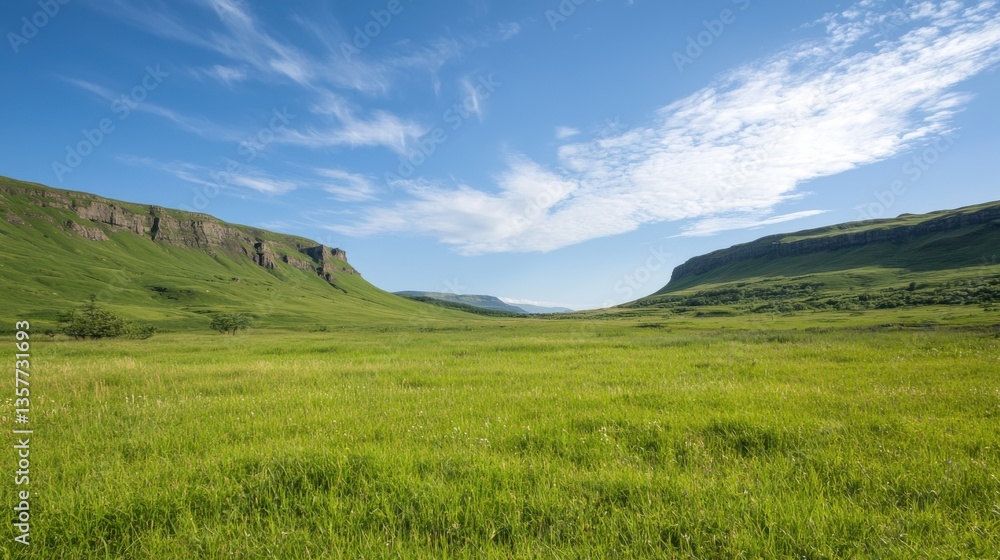 Fototapeta premium A stunning landscape featuring lush green fields framed by dramatic cliffs under a clear blue sky with wispy clouds.