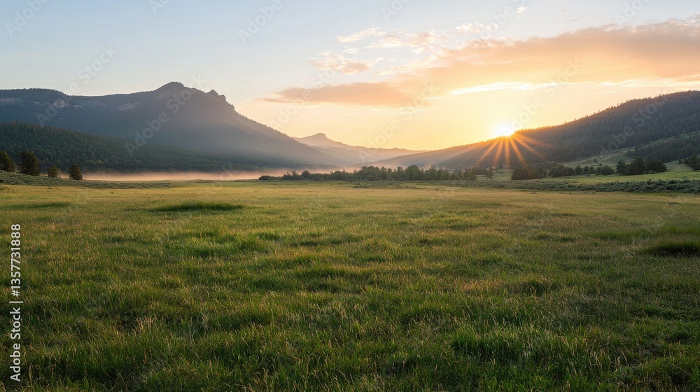 Obraz premium A serene landscape at sunrise, featuring rolling hills, lush green grass, and a bright sun casting rays over a peaceful valley.