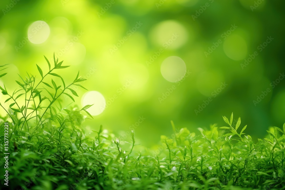 Obraz premium 緑の葉が生い茂る穏やかな森の中の光景と自然の美しさ