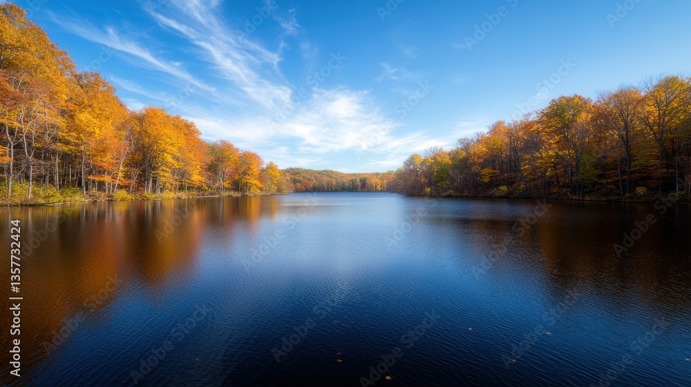 Fototapeta premium A serene lake surrounded by vibrant autumn foliage under a clear blue sky, reflecting the colorful trees and clouds.