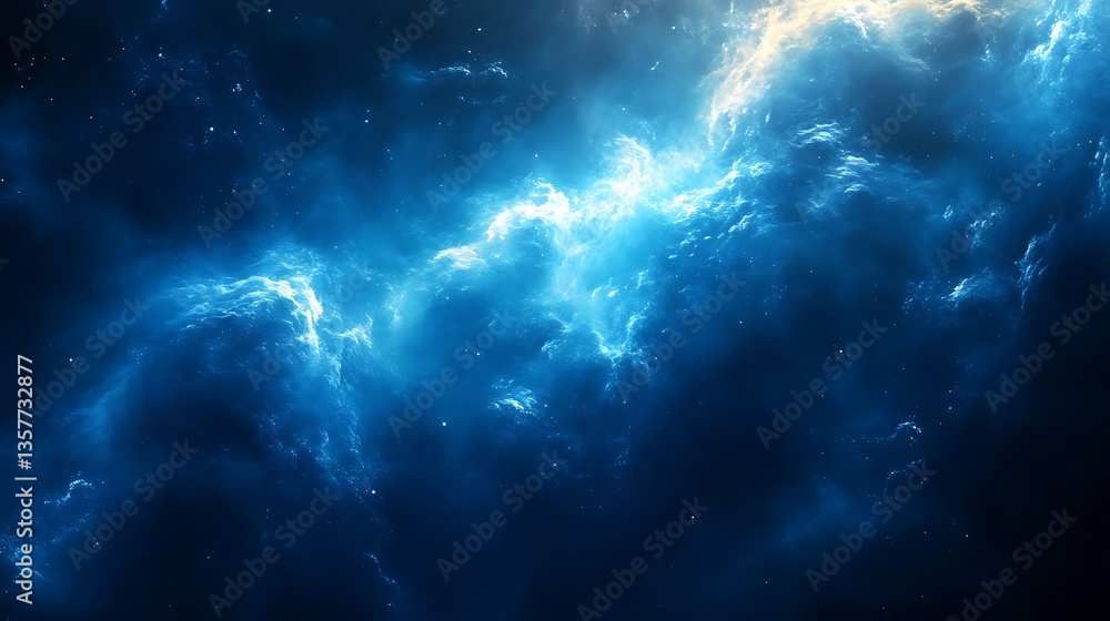 Fototapeta premium Vibrant Deep Blue Nebula Cloudscape with Celestial Light and Starry Sky Background for Imaginative Design.
