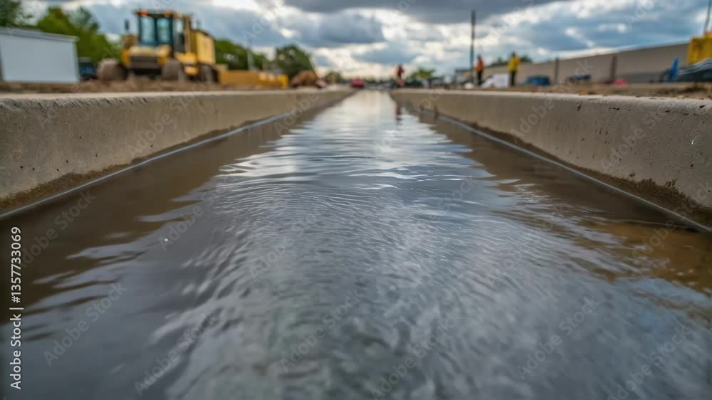 custom made wallpaper toronto digitalCloseup of water flowing through a temporary drainage system creating ripples that reflect the overcast sky while construction continues at the site.