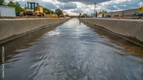 Wallpaper Mural Closeup of water flowing through a temporary drainage system creating ripples that reflect the overcast sky while construction continues at the site. Torontodigital.ca