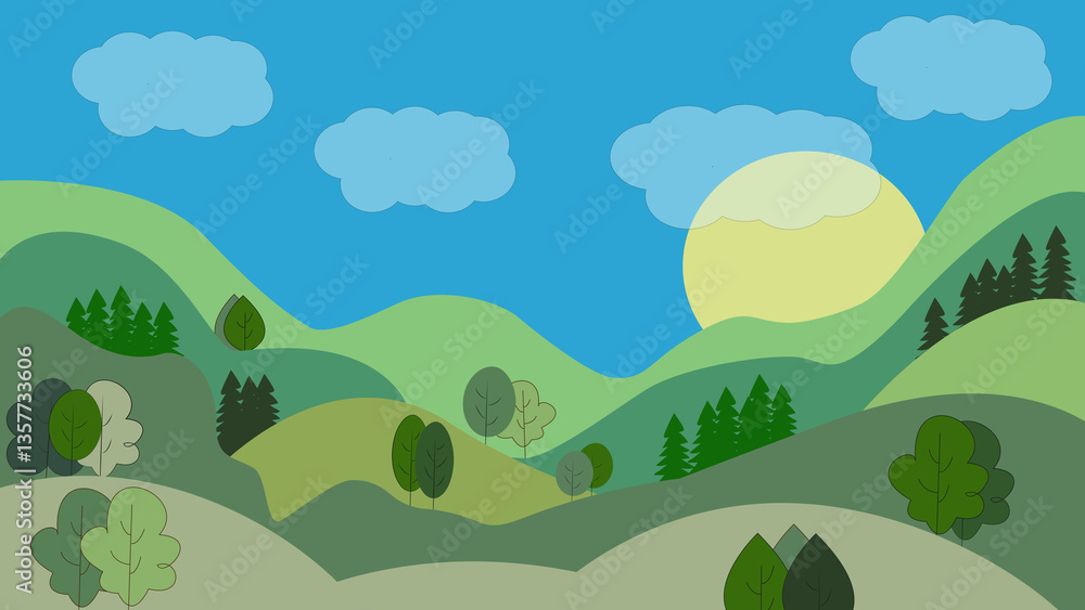Naklejka premium A picturesque green meadow in flat design style with majestic mountains on the horizon, a bright sun, and soft clouds in the blue sky