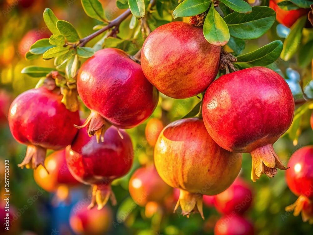Ripe Pomegranate Fruit Hanging on Branch, Vibrant Autumn Colors, Close-Up, Documentary Style Ripe Pomegranate Fruit Hanging on Branch, Vibrant Autumn Colors, Close-Up, Documentary Style