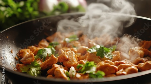 Sizzling pan with marinated chicken pieces