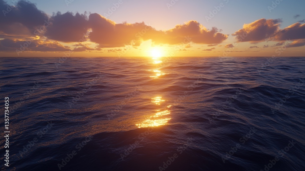 Obraz premium A serene sunset over the ocean, with golden reflections on the water and fluffy clouds, creating a tranquil and picturesque seascape.
