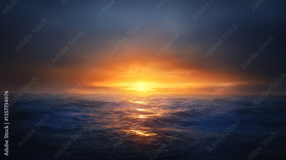 Naklejka premium A serene ocean sunset with vibrant orange hues reflecting on dark waters, creating a tranquil and captivating atmosphere.