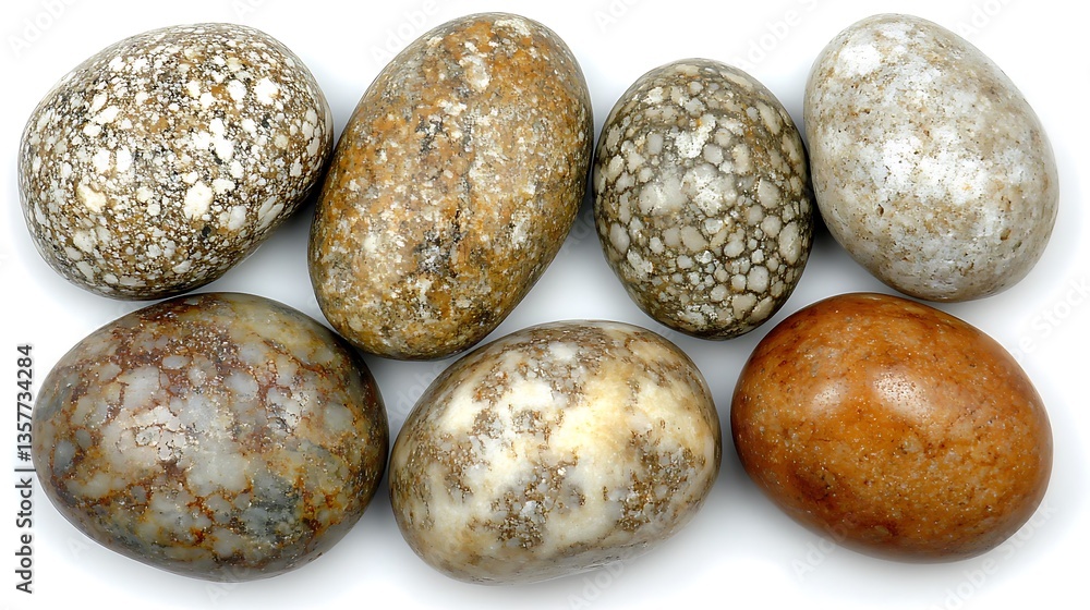 Seven smooth, speckled stones in varying shades of brown, beige, and white, arranged on a white background. Seven smooth, speckled stones in varying shades of brown, beige, and white, arranged on a white background.