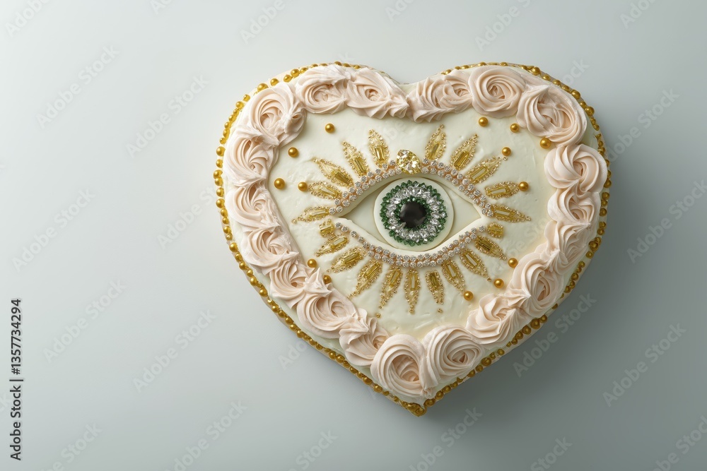 Whimsical heart-shaped cake with eye design and decorative frosting Whimsical heart-shaped cake with eye design and decorative frosting
