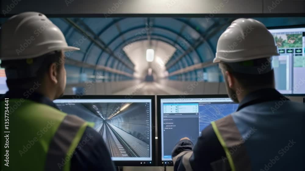 Medium closeup of a digital monitoring system displaying tunnel structural integrity with engineers observing data on screens representing the importance of technology in ensuring Medium closeup of a digital monitoring system displaying tunnel structural integrity with engineers observing data on screens representing the importance of technology in ensuring
