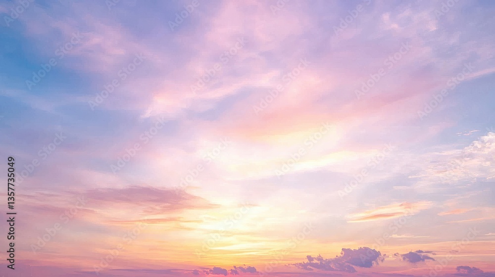 Fototapeta premium A serene sky at sunset, painted in soft hues of pink, orange, and blue, with wispy clouds adding to the tranquil atmosphere.