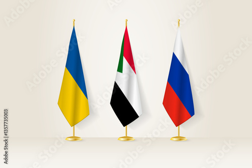 Diplomatic Meeting Representation, Ukraine, Sudan and Russia Flags. Flags on Diplomatic Stands.