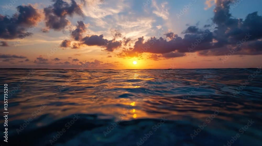 Obraz premium A stunning sunset over calm waters, with clouds reflecting vibrant hues of orange and blue, creating a serene and picturesque seascape.