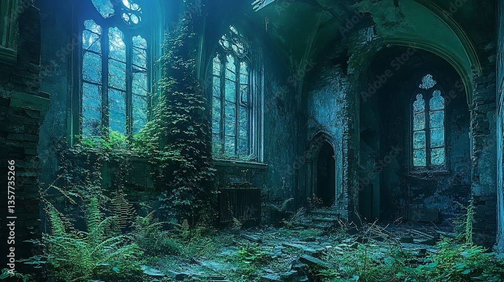 Fototapeta premium Sunlit, overgrown ruins of a gothic church interior