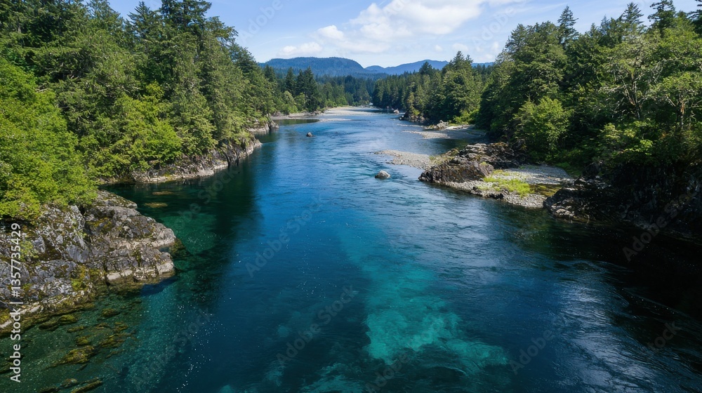 A serene river flows through lush greenery, reflecting the clear blue sky and surrounded by rugged rocks and distant mountains. A serene river flows through lush greenery, reflecting the clear blue sky and surrounded by rugged rocks and distant mountains.