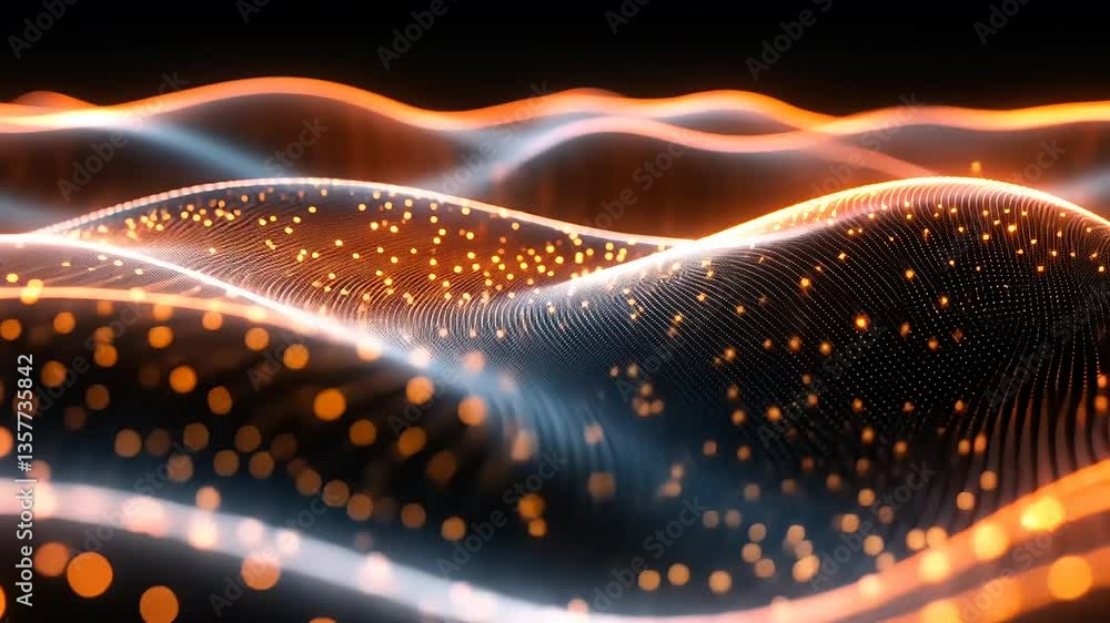 Abstract representation of flowing waves with glowing particles in a dark background, showcasing dynamic movement Abstract representation of flowing waves with glowing particles in a dark background, showcasing dynamic movement