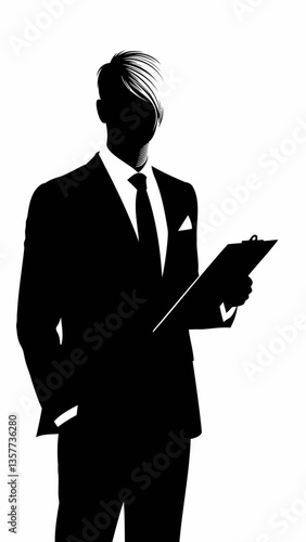 Business Silhouette: A sharp silhouette of a businessman in a suit, poised and holding a clipboard, ready to make a statement and lead in a visual representation of modern professional