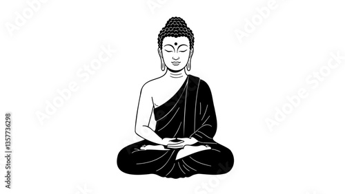 Serene Contemplation: A symbolic black and white illustration of a seated Buddha in deep meditation, radiating peace and spiritual enlightenment. 