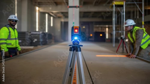 Wallpaper Mural Workers using a laser level to ensure accuracy during installation the bright beam ting sharply through the ambient construction site dust. Torontodigital.ca