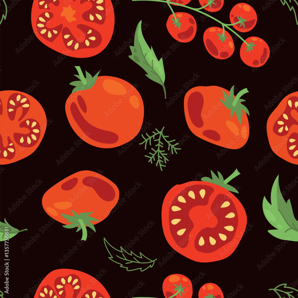 Seamless pattern of ripe tomatoes. Vegetables. Red tomatoes. Juicy Harvest. Healthy food. Vector illustration. Seamless pattern of ripe tomatoes. Vegetables. Red tomatoes. Juicy Harvest. Healthy food. Vector illustration.