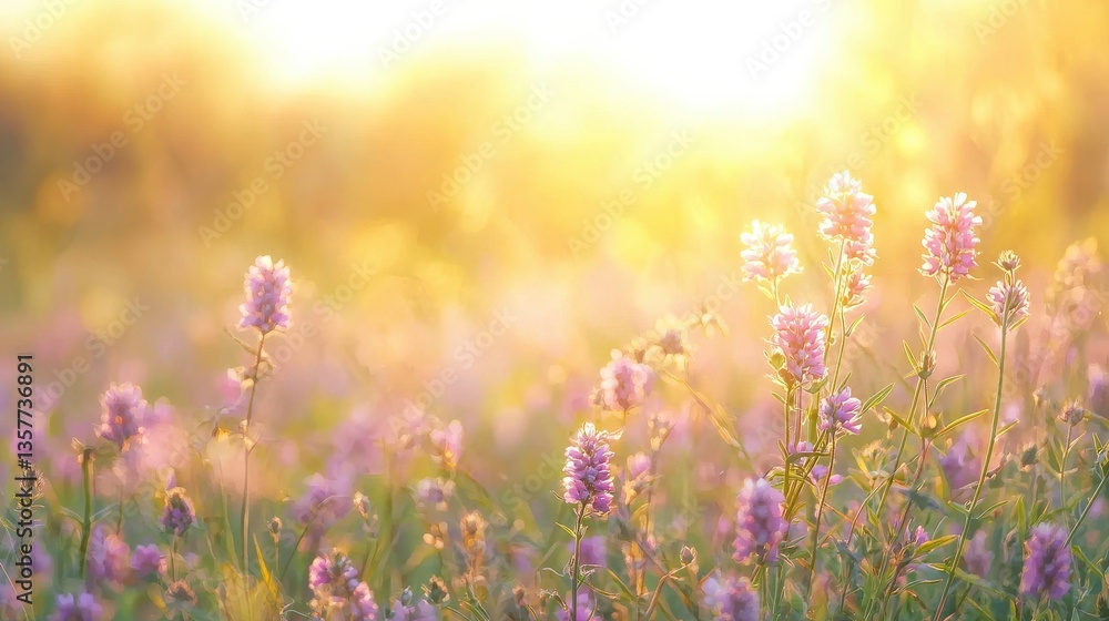 Fototapeta premium A serene meadow filled with blooming purple flowers, bathed in warm sunlight, creating a peaceful and vibrant atmosphere.