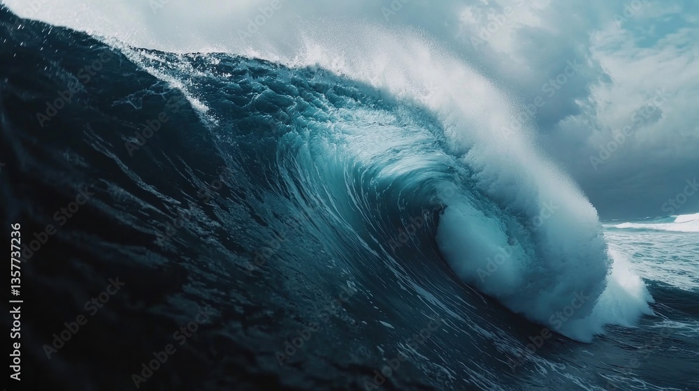 Obraz premium Oceanic power captured in a dynamic wave breaking against stormy sky