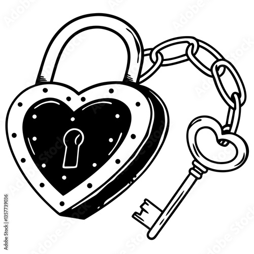 Heart-shaped padlock with key in hand-drawn style  