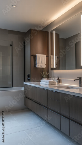 Modern bathroom with sleek fixtures, large mirror, and elegant cabinetry, creating serene and stylish atmosphere for relaxation and personal care