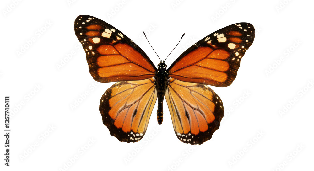 Fototapeta premium Monarch butterfly with its vivid orange and black wings is displayed against a transparent background, highlighting its intricate patterns and distinct features