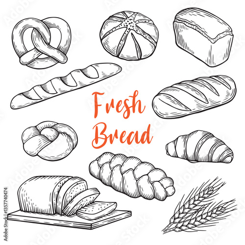 Line drawing illustration of bread. Engraving collection. Black hand drawing set of bakery items isolated on white background.