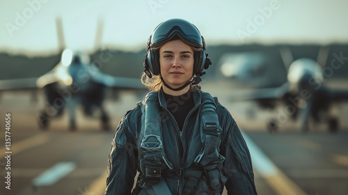 Confident female pilot in uniform standing in front of jets