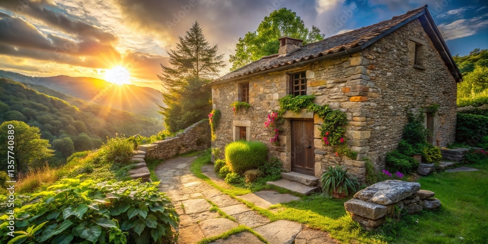 Naklejka premium Rustic Stone House Exterior, Charming Countryside Home Architecture