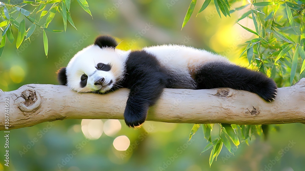 Obraz premium Adorable panda cub napping on a tree branch.