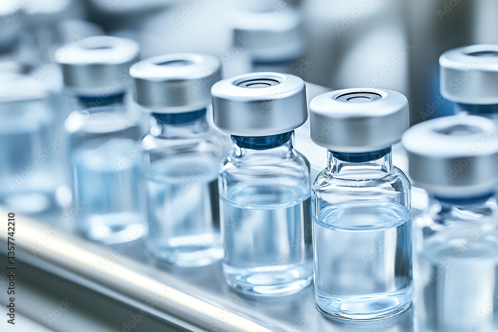Row of sterile vaccine vials on a stainless steel laboratory surface Row of sterile vaccine vials on a stainless steel laboratory surface