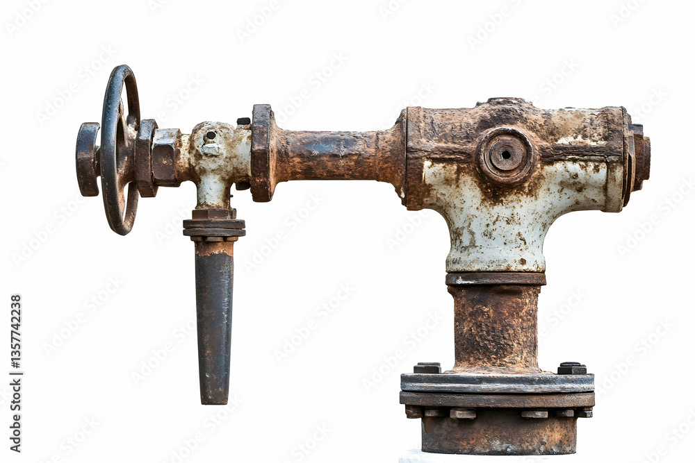 A rusty metal valve system isolated on a white background A rusty metal valve system isolated on a white background
