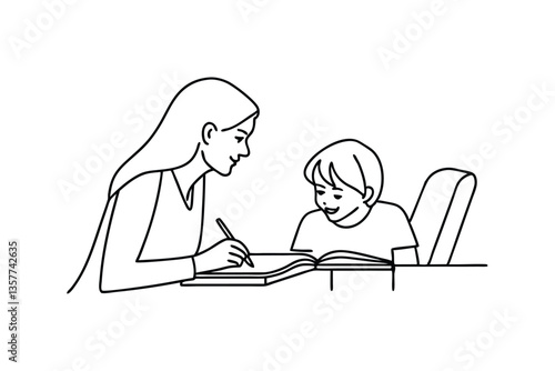 Tutoring Session Child and Teacher Reading and Writing