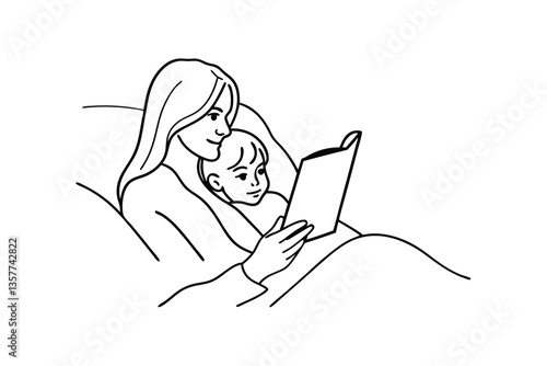 Mother and Child Bedtime Story Reading Illustration Drawing