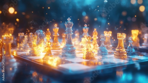 A mystical chessboard displays glowing pieces in a luminous atmosphere