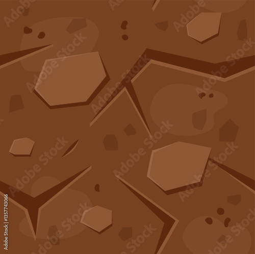 Seamless cartoon game ground texture forming a repeating pattern, representing a stylized surface with cracks, rocks, and dirt, suitable for game level design or background