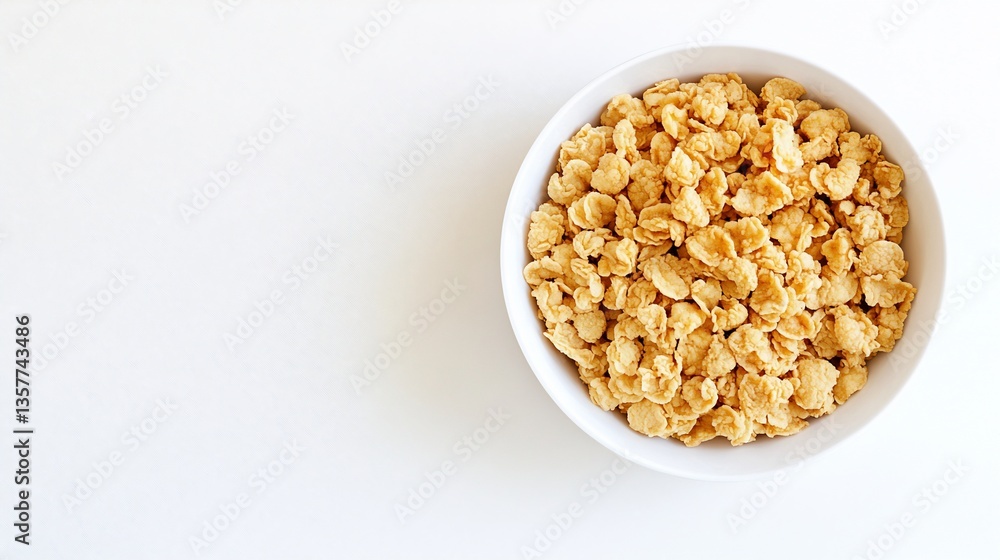 Crisp breakfast indulgence: A bowl of golden cereal delights on white background Crisp breakfast indulgence: A bowl of golden cereal delights on white background