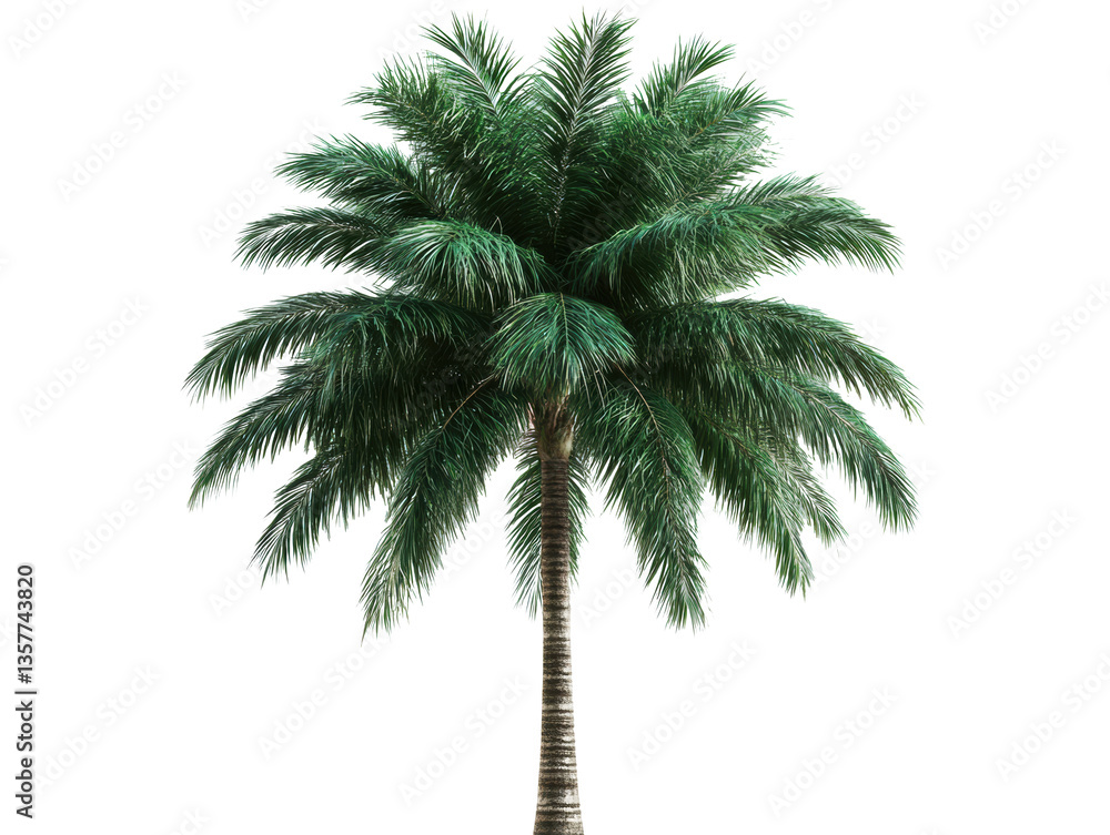 Obraz premium Tall palm tree with lush green fronds in clear background on a transparent background, cut out